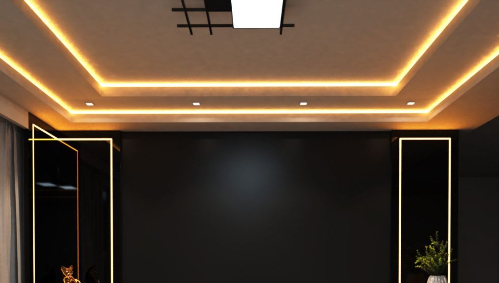 A living room ceiling with a statement centre light and warm strip lights along the ceiling coves.