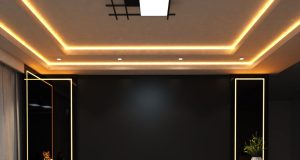 A living room ceiling with a statement centre light and warm strip lights along the ceiling coves.