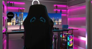 A PC gaming setup with pink strip lights lining the walls and shelves.