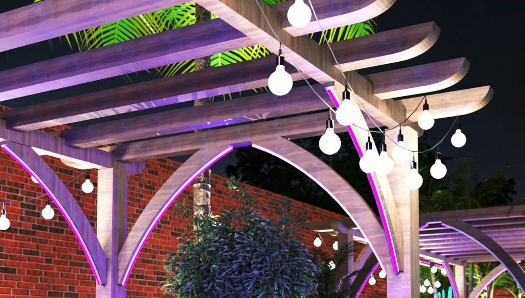 Garden & Outdoor Lighting Ideas Hero Image A pergola with festoon lights hanging in each side.