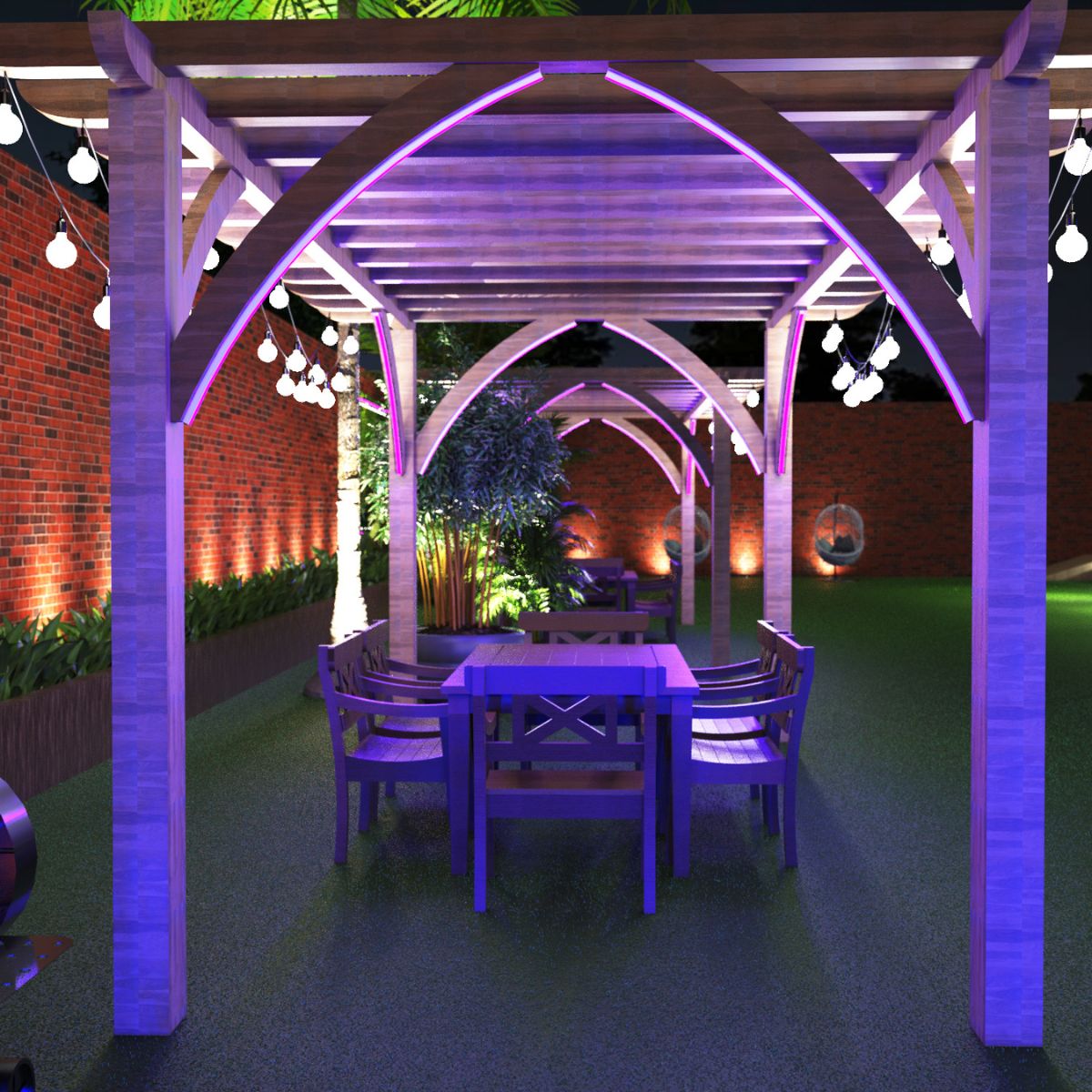 A pergola in a garden illuminated by blue LED lights and white hanging festoon lights on both sides, a dining table and chairs in the middle.