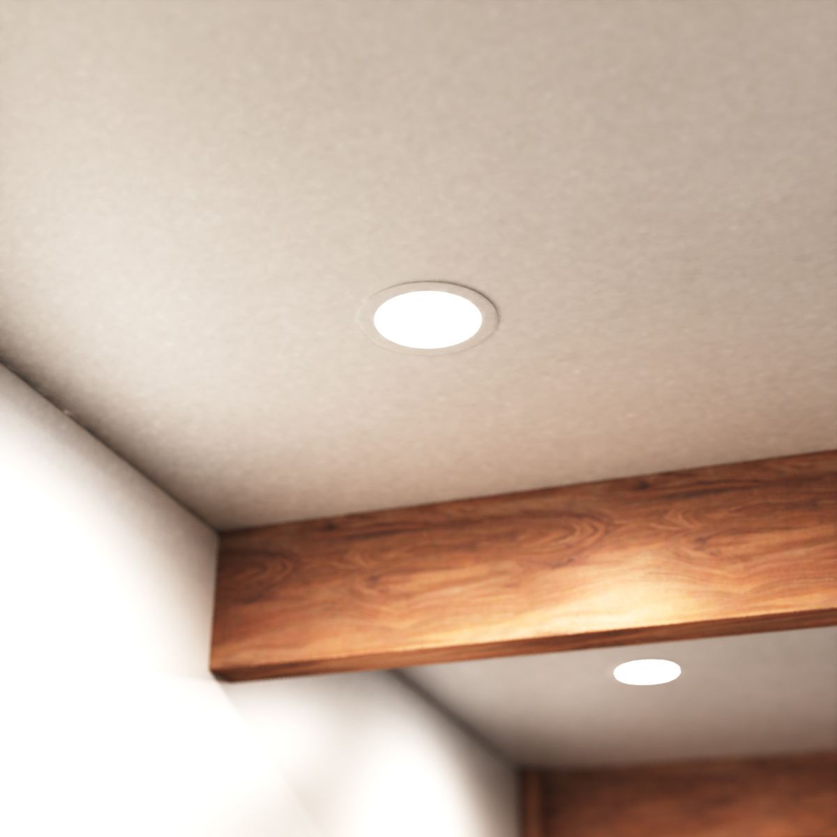 A white ceiling with exposed wooden beams and bright LED lights.