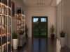 Hallway & Landing Lighting Ideas to Welcome You Home A hallway with illuminated shelving to the left side and an unlit statement pendant in the middle of the ceiling.