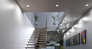 A modern home stairs with multiple LED downlights and pendants around the lower ground ceiling.