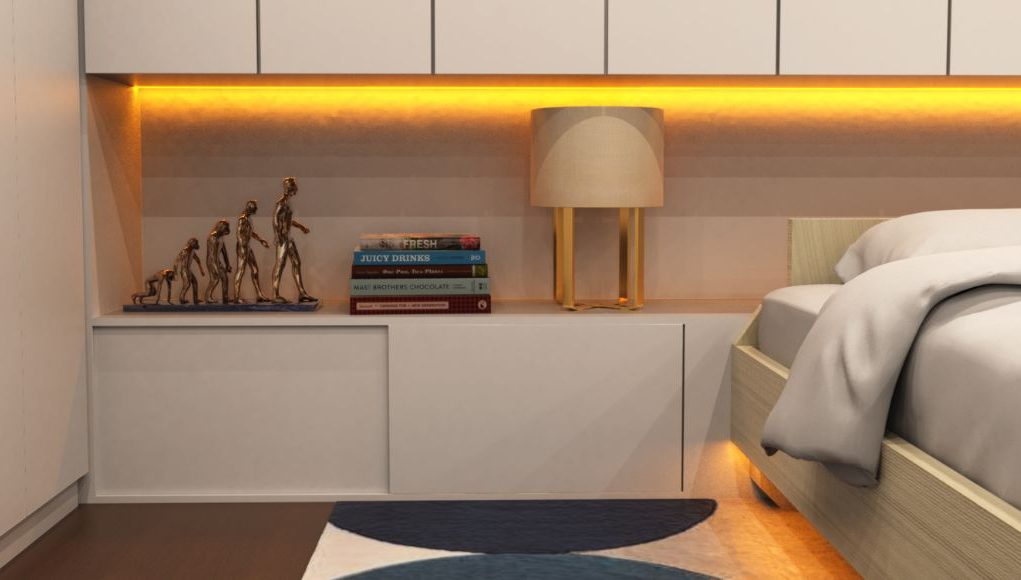 Yellow under cabinet strip light in a modern bedroom.