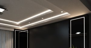 A living room ceiling with LED downlights and LED strip lights installed for illumination.