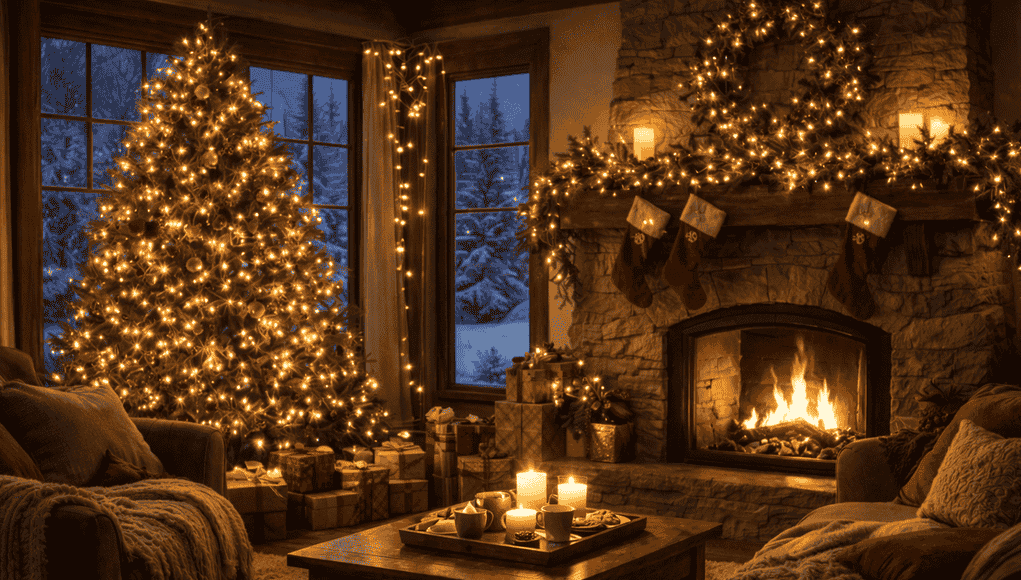Living room with candles, warm LEDs, and Christmas decor.