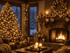 Easy Lighting Upgrades to Refresh Your Home for the Winter Season Living room with candles, warm LEDs, and Christmas decor.