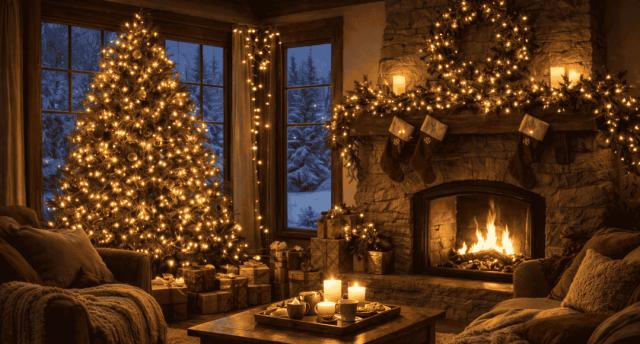 Living room with candles, warm LEDs, and Christmas decor.