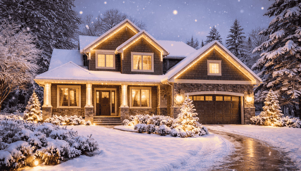 House with warm lights during a snowy day
