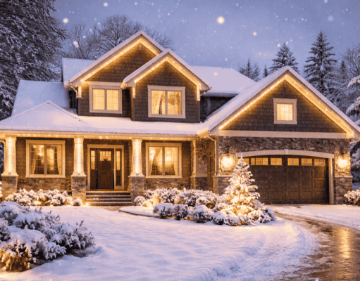 House with warm lights during a snowy day