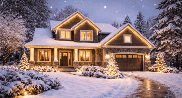 House with warm lights during a snowy day