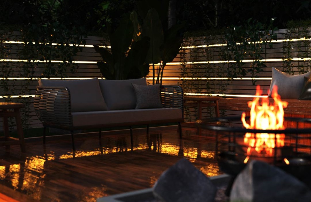 an outdoor porch with LEDs