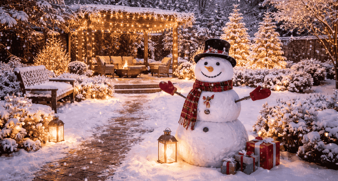 Garden with snowman and warm lights