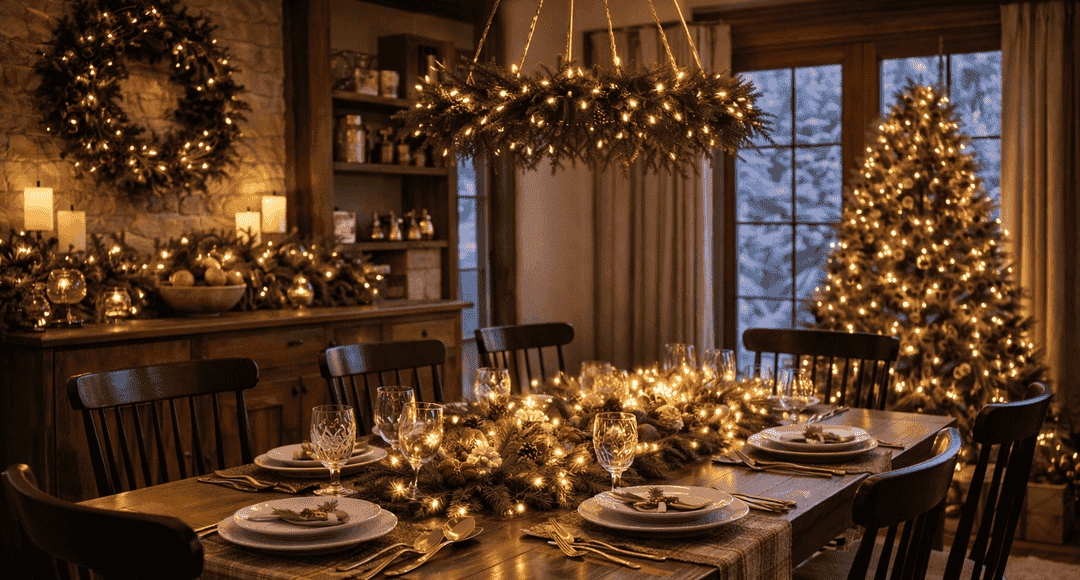 Dining room with candles, warm LEDs, and Christmas decor.