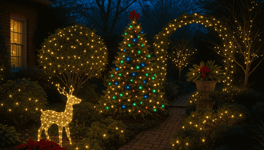 A garden decorated for Christmas