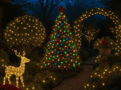 Outdoor Garden & Patio Christmas Lighting Using IP-Rated LED Strips A garden decorated for Christmas