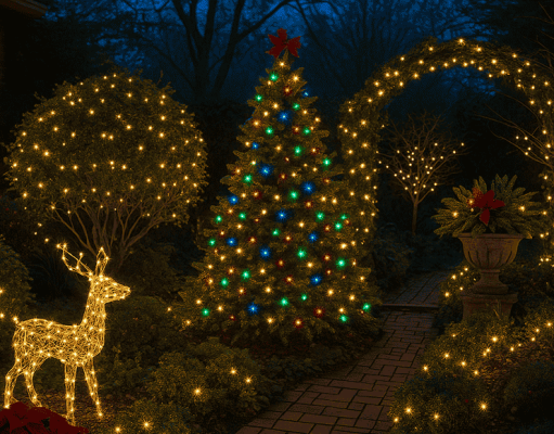 A garden decorated for Christmas