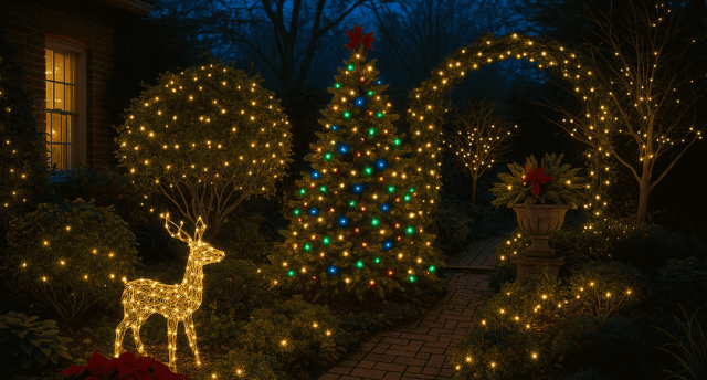A garden decorated for Christmas
