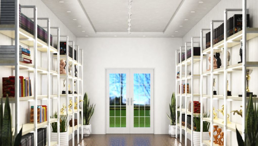 A bright hallway with shelves on both sides with LED strips installed both vertical and horizontal.