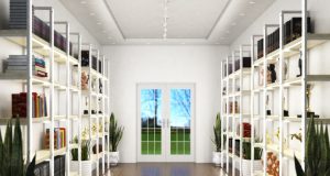 A bright hallway with shelves on both sides with LED strips installed both vertical and horizontal.