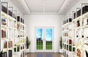 A bright hallway with shelves on both sides with LED strips installed both vertical and horizontal.