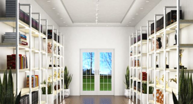A bright hallway with shelves on both sides with LED strips installed both vertical and horizontal.