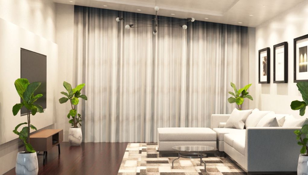 A white-themed living room brightly lit by multiple LED downlights.