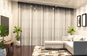 A white-themed living room brightly lit by multiple LED downlights.