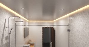 A modern bathroom with warm LED strip lights installed on the ceiling perimeter, along with some downlights evenly spaced throughout.