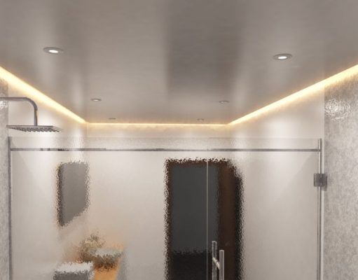 A modern bathroom with warm LED strip lights installed on the ceiling perimeter, along with some downlights evenly spaced throughout.