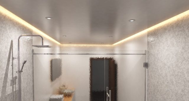 A modern bathroom with warm LED strip lights installed on the ceiling perimeter, along with some downlights evenly spaced throughout.