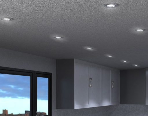 A kitchen ceiling with multiple LED downlights installed.