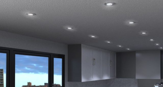A kitchen ceiling with multiple LED downlights installed.