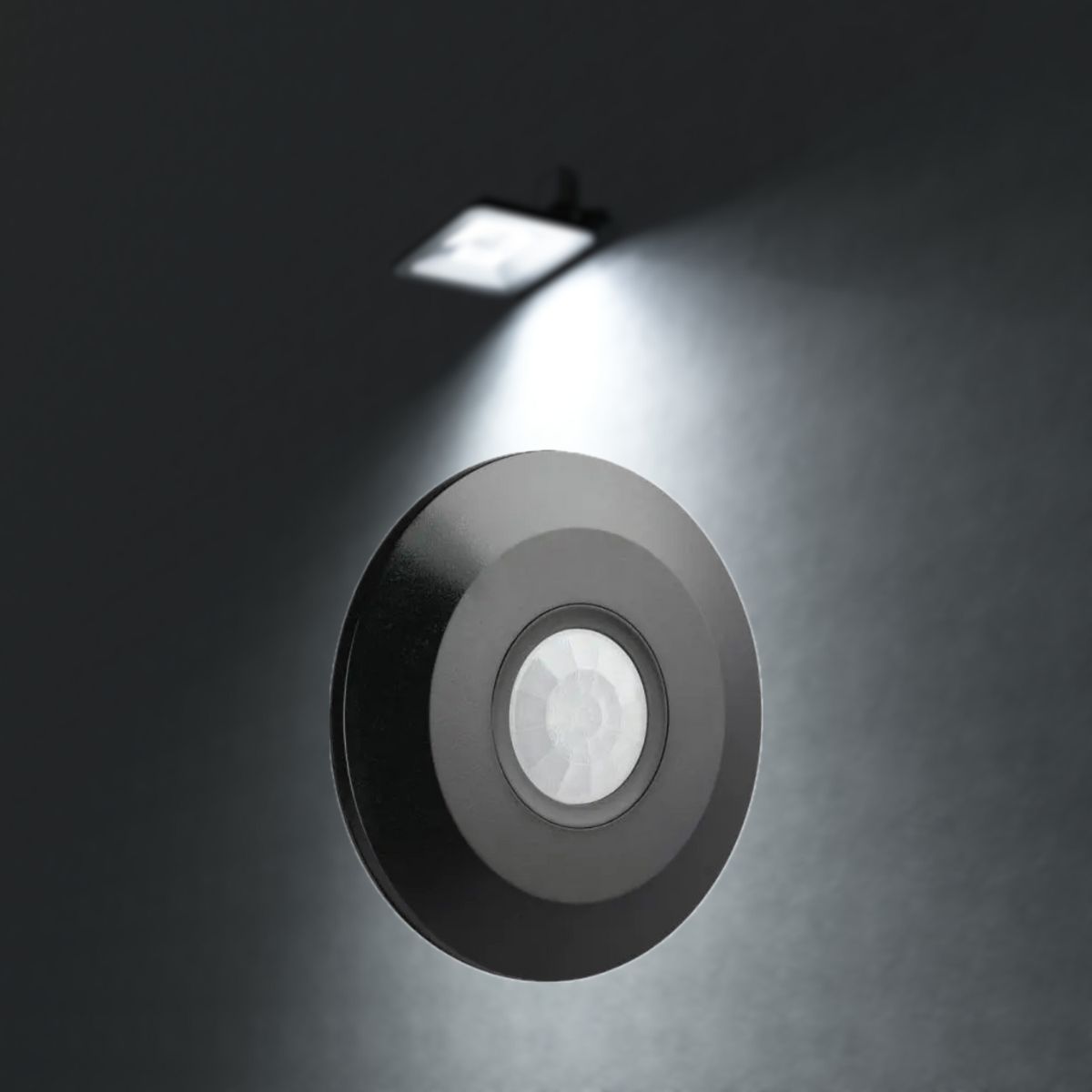 A black bezel PIR sensor with a floodlight installed on a grey wall in the background.