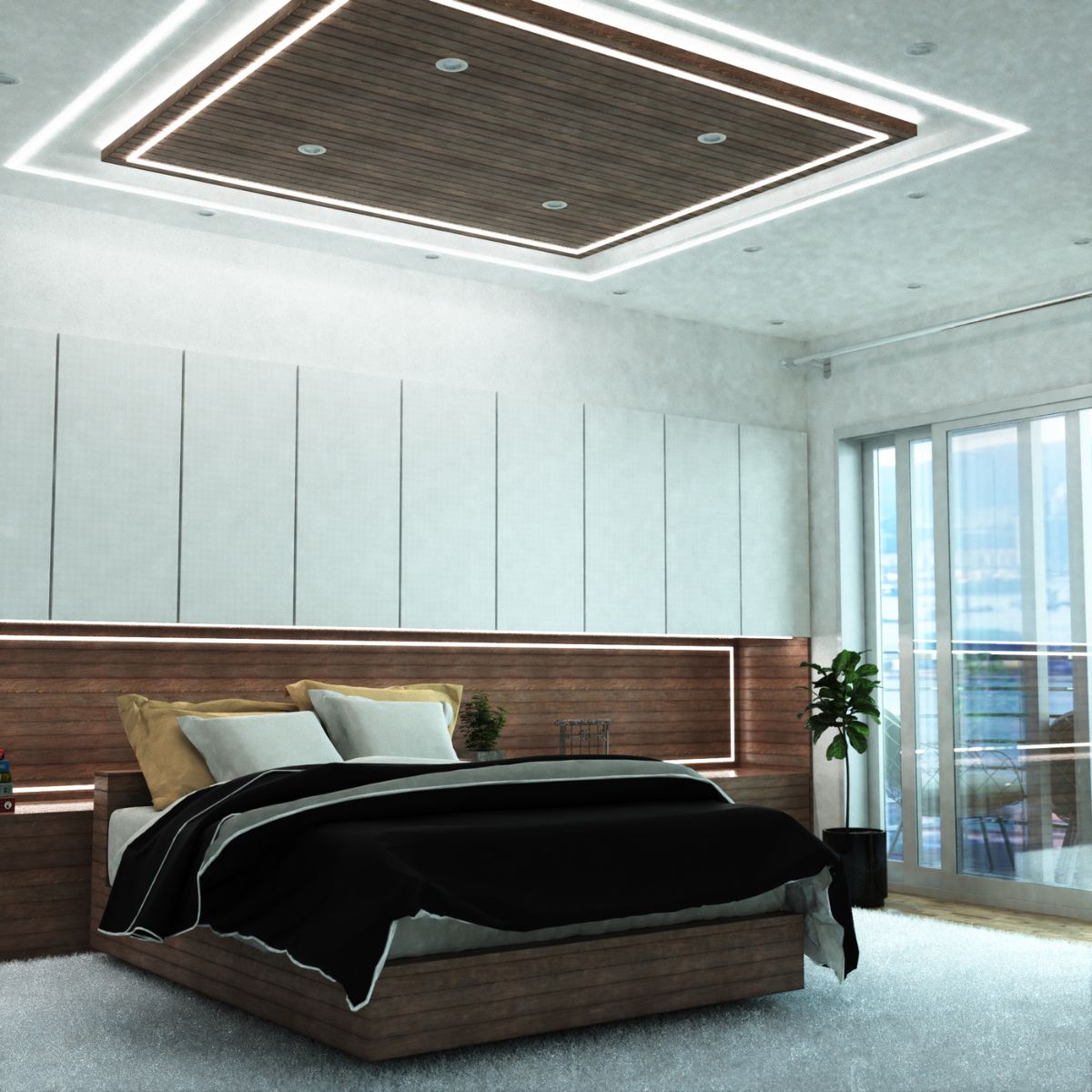 A modern bedroom with a large square LED lighting installation on the ceiling.