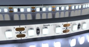 Zoomed in image of a Simple Lighting LED strip light with a cool white glow.