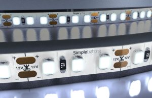 Zoomed in image of a Simple Lighting LED strip light with a cool white glow.