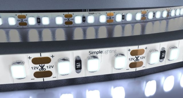 Zoomed in image of a Simple Lighting LED strip light with a cool white glow.