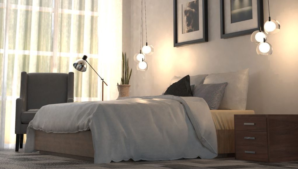 A modern bedroom with hanging pendants serving as bedside lights, both are glowing with a warm tone.
