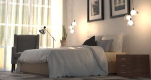 A modern bedroom with hanging pendants serving as bedside lights, both are glowing with a warm tone.
