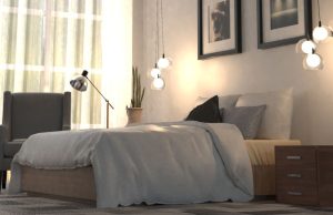 A modern bedroom with hanging pendants serving as bedside lights, both are glowing with a warm tone.