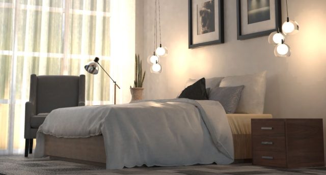 A modern bedroom with hanging pendants serving as bedside lights, both are glowing with a warm tone.
