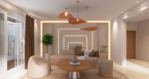 A contemporary living room with feature lights and feature wall that's using LED strips to create stylistic lines.