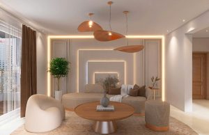 A contemporary living room with feature lights and feature wall that's using LED strips to create stylistic lines.