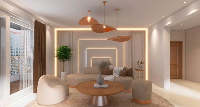 A contemporary living room with feature lights and feature wall that's using LED strips to create stylistic lines.