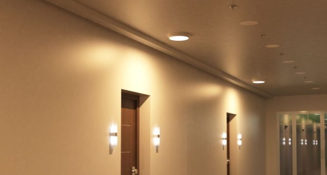A hallway with multiple doors illuminated by round bulkhead lights on the ceiling and wall lights on both sides of each door.