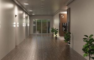 A hotel hallway with multiple rooms illuminated by round bulkhead lights.