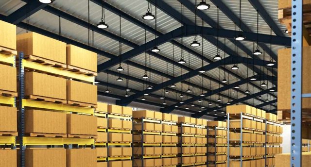 High bay LED lights in a factory (angle 1)