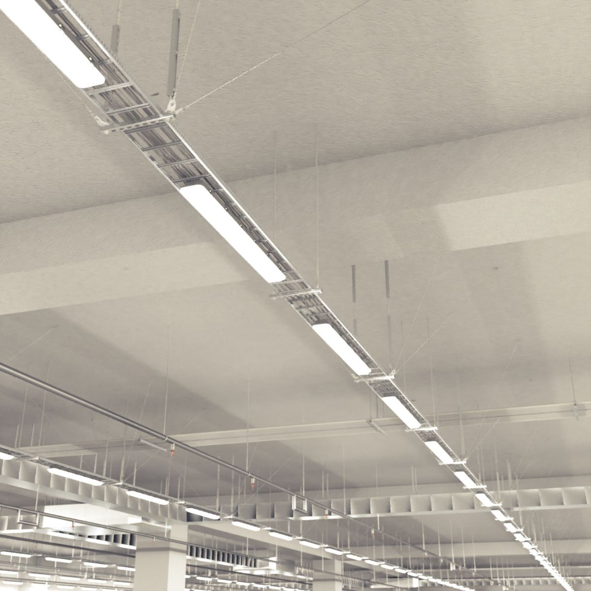 A line of LED batten lights installed on a hanging metal frame from the ceiling.